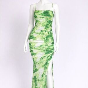 Spaghetti Strap Green Tie-Dye Maxi Dress